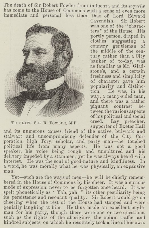 De overleden Sir R Fowler, MP door English School