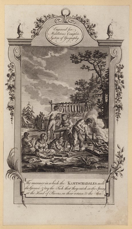 De manier waarop de Kamtschadalen het vet smelten en de vis drogen die ze in de lente vangen aan de kop van rivieren, op hun terugkeer naar de zee (gravure) door English School