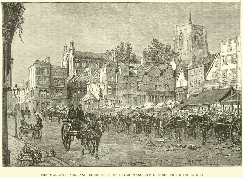 De markt en Kerk van St Peter Mancroft, voor de restauratie door English School