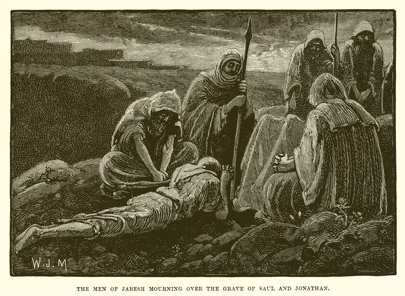 De mannen van Jabesh rouwen bij het graf van Saul en Jonathan door English School