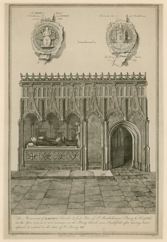 Het monument van Raherus, oprichter en eerste prior van St. Bartholomews Priory en Hospital in het jaar 1123 door English School
