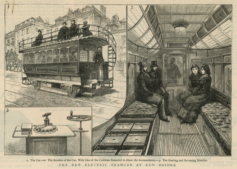 De nieuwe elektrische tramwagen bij Kew Bridge door English School