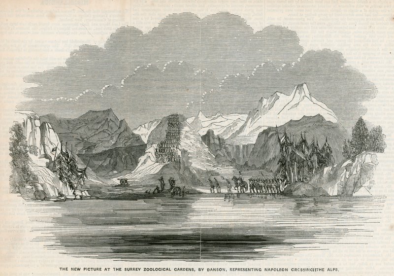 Het nieuwe schilderij in de Surrey Zoologische Tuinen, door Danson, voorstellende Napoleon die de Alpen oversteekt door English School
