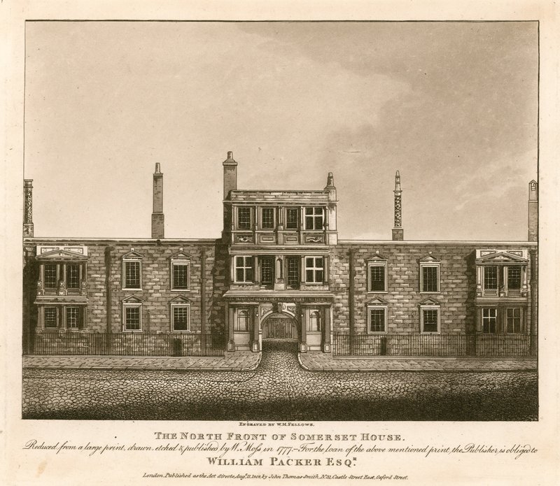 De noordelijke gevel van Somerset House, The Strand, Londen, gebaseerd op een prent getekend door W. Moss in 1777 door English School