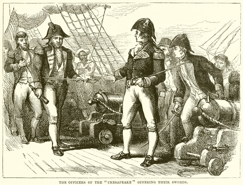 De officieren van de Chesapeake bieden hun zwaarden aan door English School