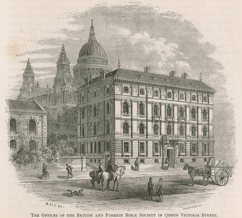 De kantoren van de Brits en Buitenlandse Bijbelgenootschap in Queen Victoria Street, Londen door English School