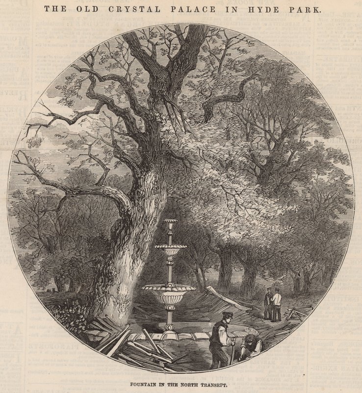 Het oude Crystal Palace in Hyde Park: fontein in de noordelijke transept door English School