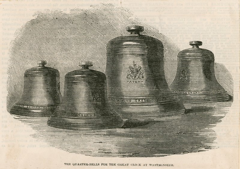 De kwartklokken voor de grote klok (Big Ben) bij de klokkentoren door English School