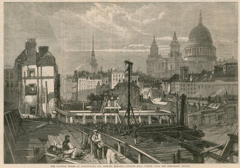 De spoorwegwerken bij Blackfriars en opening richting Ludgate Hill, Londen, gezien vanaf de tijdelijke brug door English School