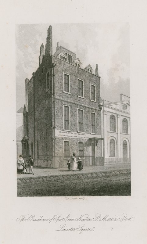 De residentie van Sir Isaac Newton, St Martins Street, Leicester Square, Londen door English School