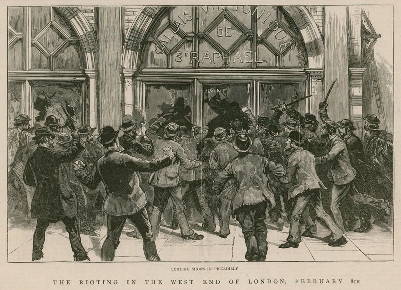 De rellen in West End van Londen, 8 februari 1886: Plunderen van winkels in Piccadilly door English School