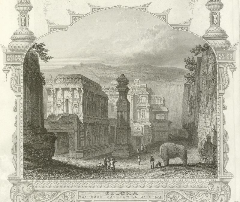 De rots uitgehouwen tempel van Kailah, Ellora, India door English School