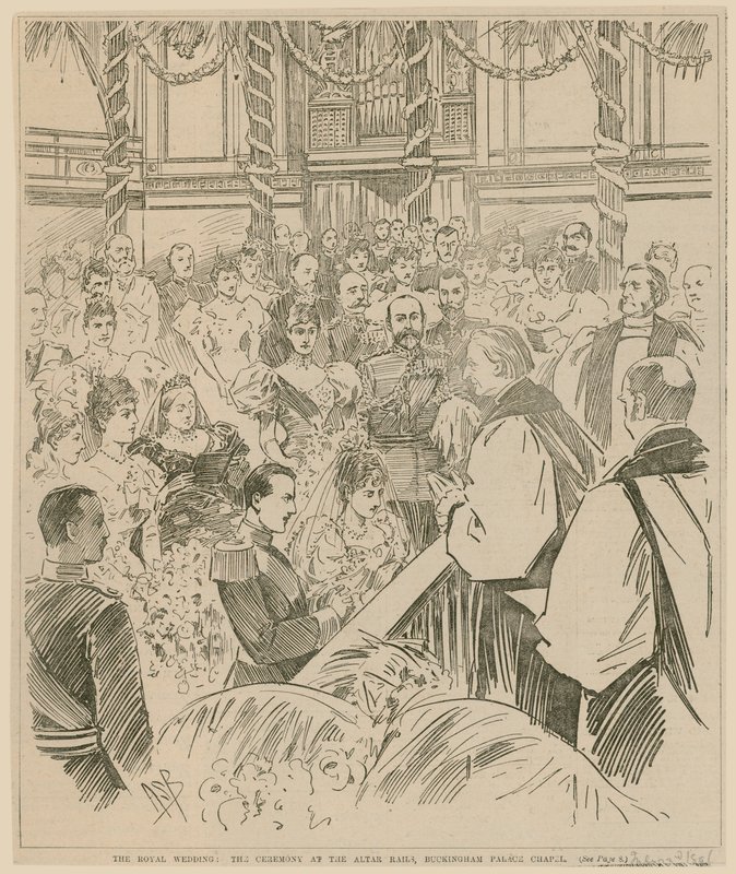 Het koninklijk huwelijk, de ceremonie bij het altaar, Buckingham Palace Chapel, 23 juli 1896 door English School