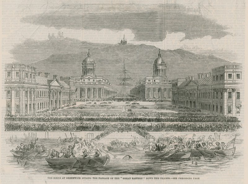 Het tafereel in Greenwich tijdens de passage van de Great Eastern door English School