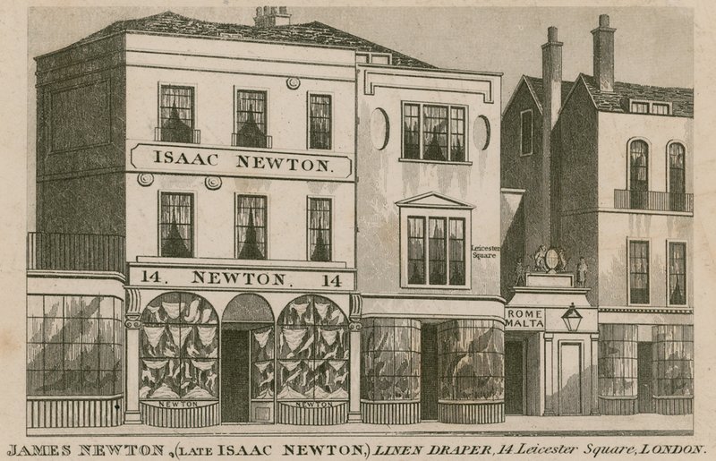 De winkelpui van Isaac Newton, linnenhandelaar van 14 Leicester Square, Londen door English School