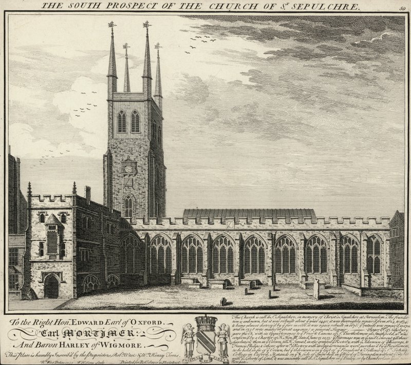 Het zuidelijke uitzicht op de kerk van St Sepulchre door English School