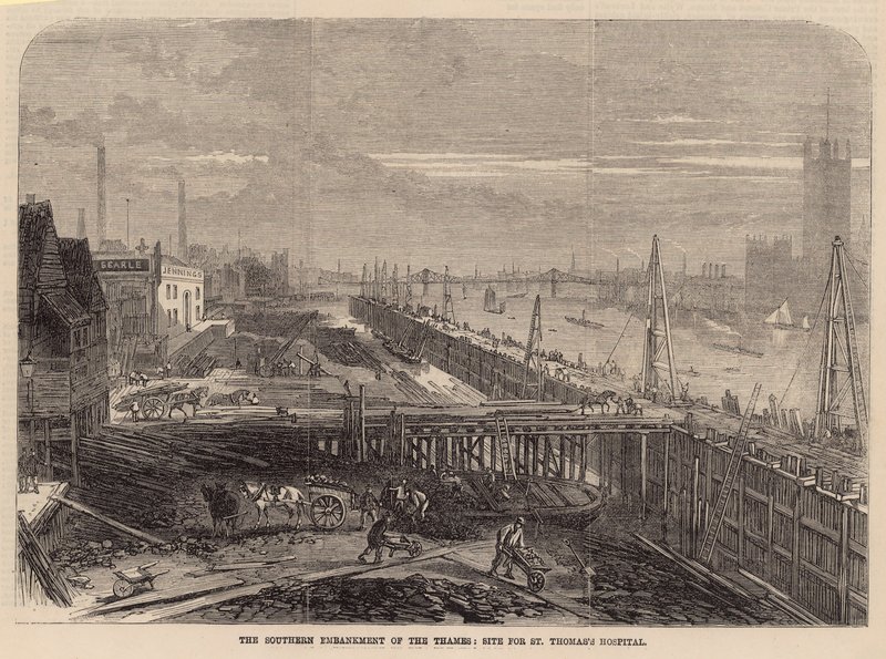 De zuidelijke Embankment van de Thames; locatie voor St Thomass Hospital door English School