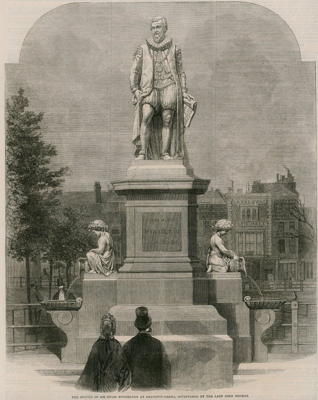 Het standbeeld van Sir Hugh Myddleton in Islington Green, gebeeldhouwd door wijlen John Thomas (gravure) door English School