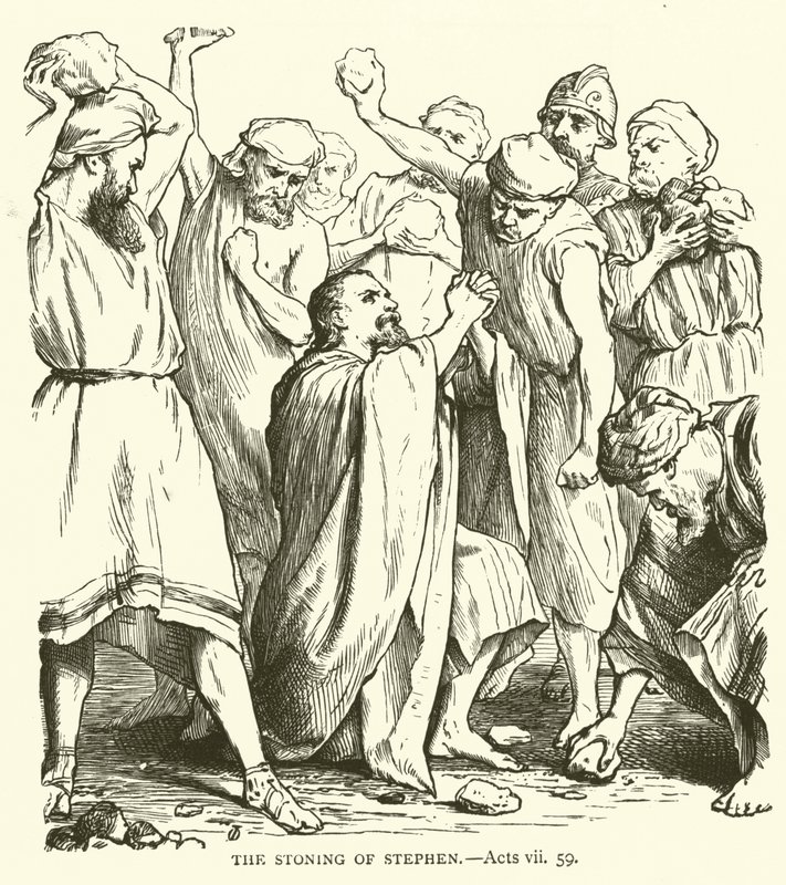 De steniging van Stefanus, Handelingen, vii, 59 (gravure) door English School