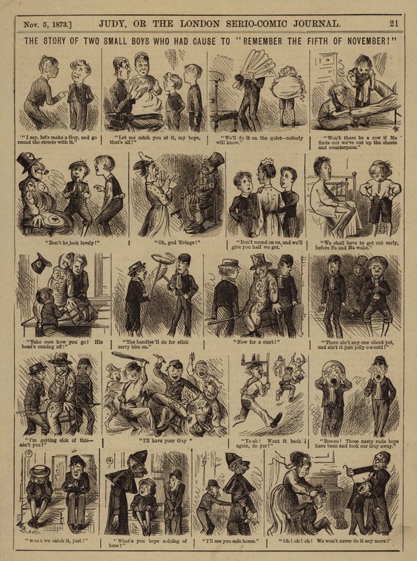 Het verhaal van twee kleine jongens die reden hadden om "de vijfde november te onthouden" (gravure) door English School