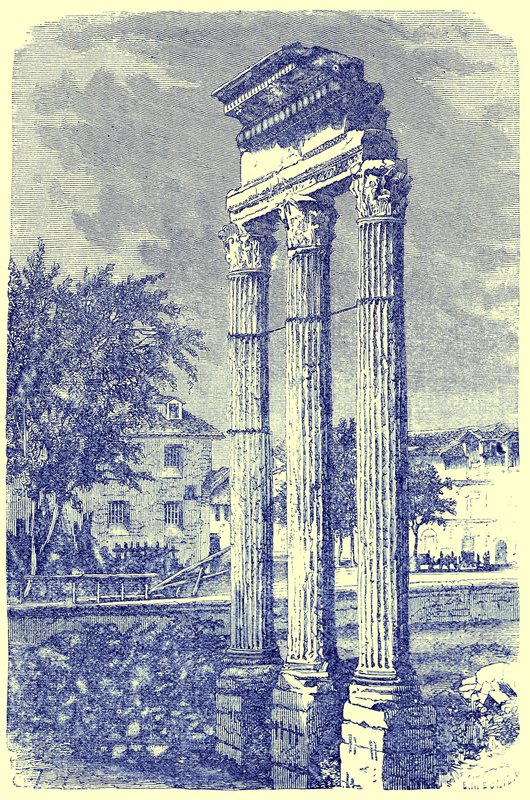 De drie zuilen bij de Tempel van Castor, illustratie uit Geschiedenis van Rome door Victor Duruy, gepubliceerd 1884 door English School
