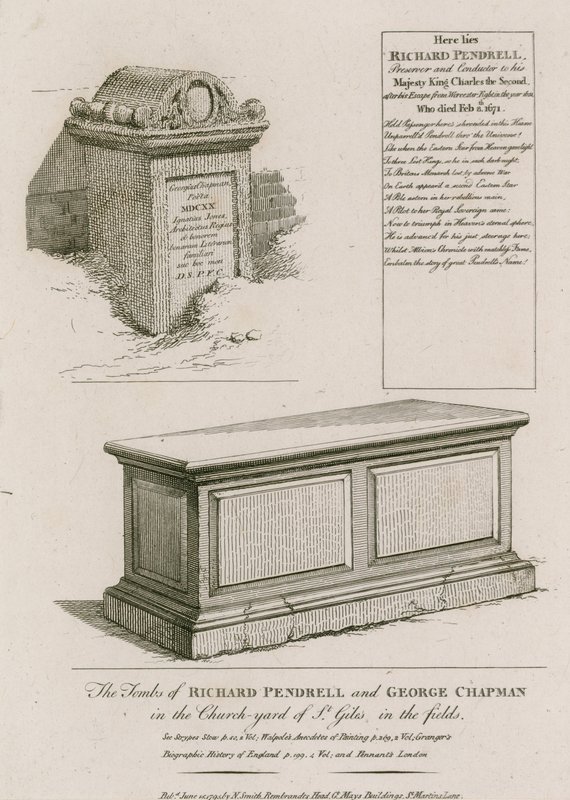 De graven van Richard Pendrell en George Chapman op het kerkhof van St Giles in the Fields, Londen door English School