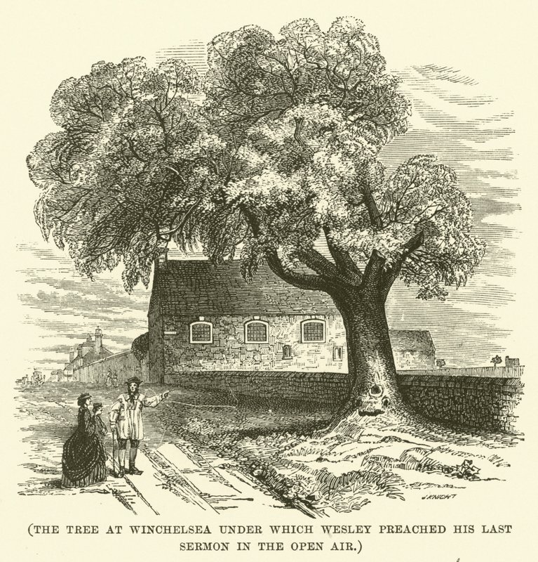 De boom in Winchelsea waaronder Wesley zijn laatste preek in de open lucht hield (gravure) door English School