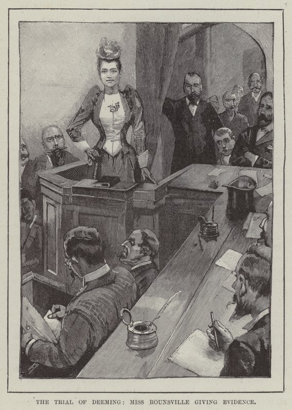 Het proces van Deeming, Miss Rounsville geeft bewijs (gravure) door English School