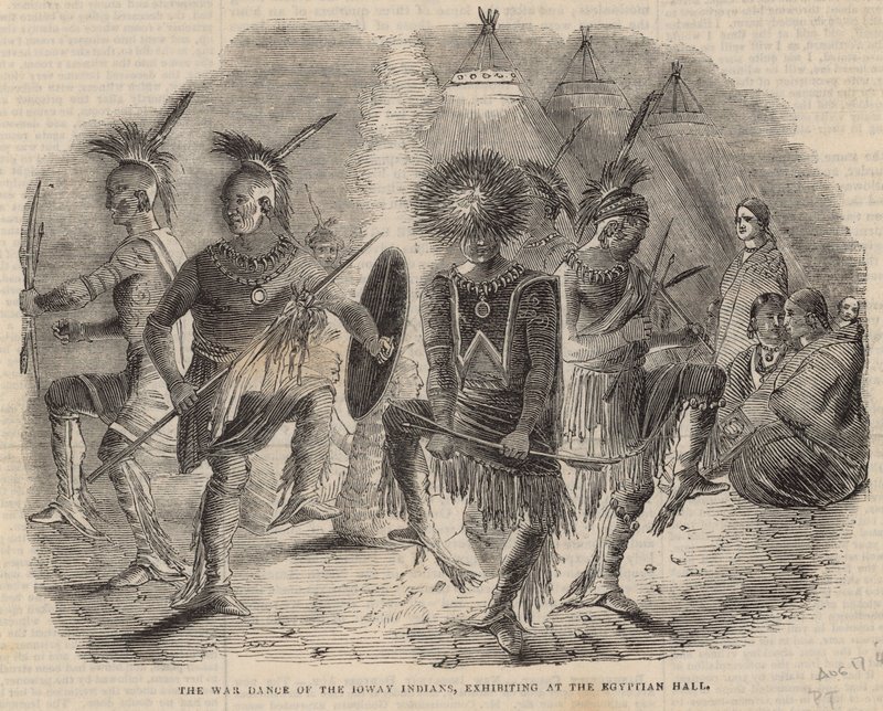 De oorlogsdans van de Ioway Indianen, tentoongesteld in de Egyptian Hall door English School