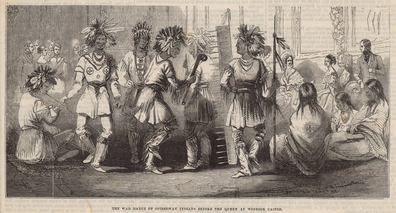 De oorlogsdans van de Ojibbeway Indianen voor de koningin in Windsor Castle door English School