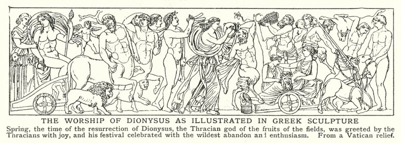 De aanbidding van Dionysus zoals geïllustreerd in Griekse beeldhouwkunst (litho) door English School