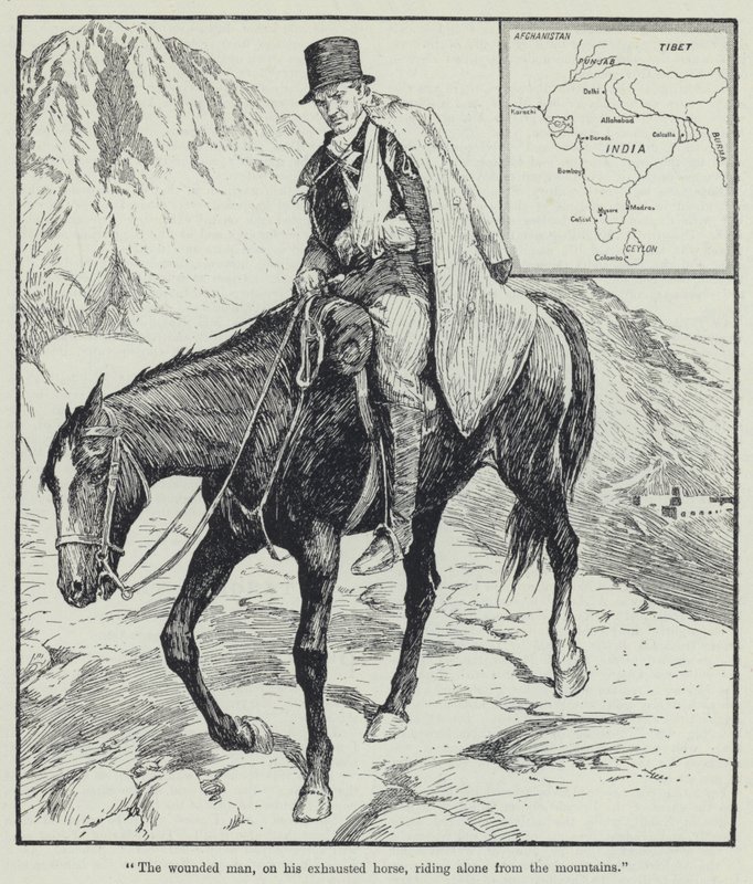 "De gewonde man, op zijn uitgeputte paard, alleen rijdend vanuit de bergen" door English School