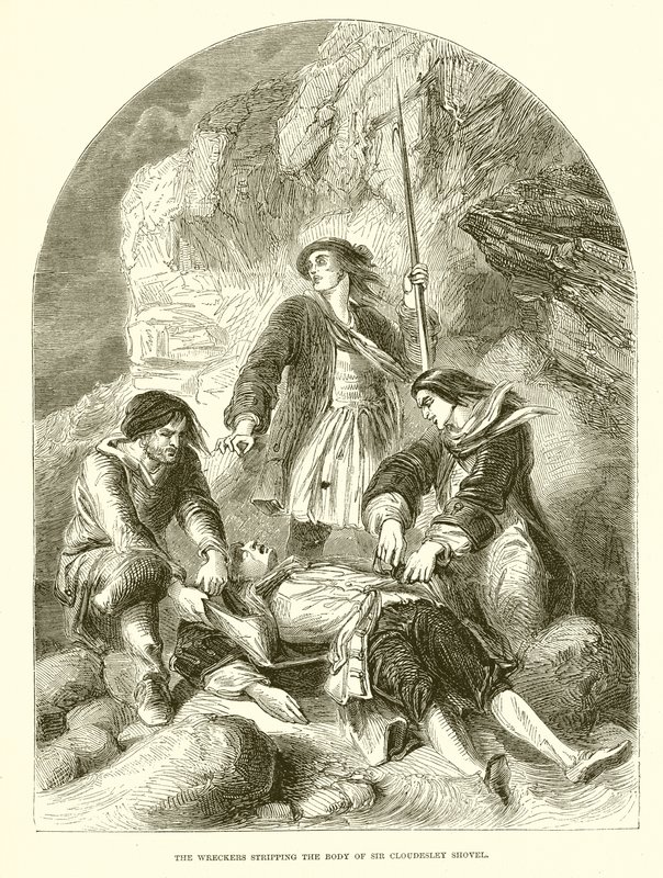 De wrakplunderaars strippen het lichaam van Sir Cloudesley Shovell door English School