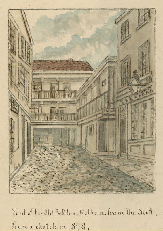 De binnenplaats van The Old Bell Inn, Holborn, Londen, vanuit het zuiden door English School