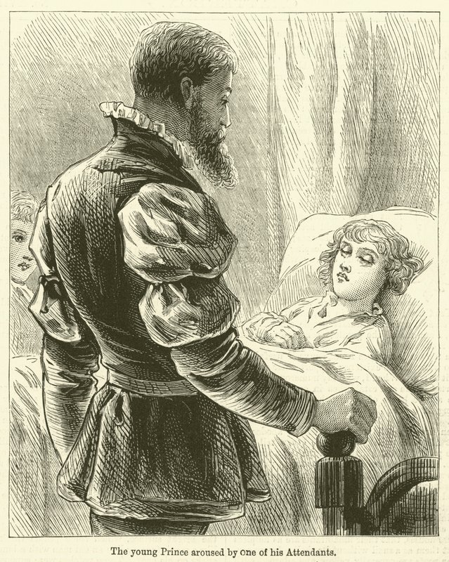 De jonge prins gewekt door een van zijn bedienden (gravure) door English School
