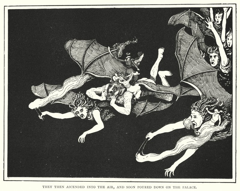 Ze stegen toen op in de lucht en stortten al snel neer op het paleis (gravure) door English School