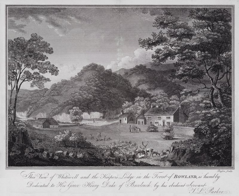 Dit Uitzicht op Whitewell en de Jagershut in het Bos van Bowland, is nederig opgedragen aan Zijne Genade Henry Hertog van Buccleuch, door zijn gehoorzame Dienaar J L Parker door English School