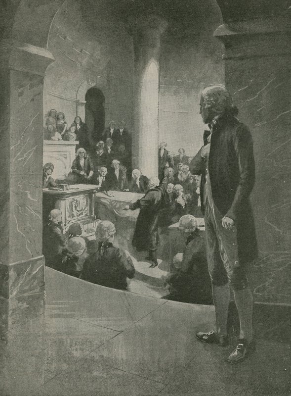 Thomas Jefferson luistert naar de verraadsspeech door English School