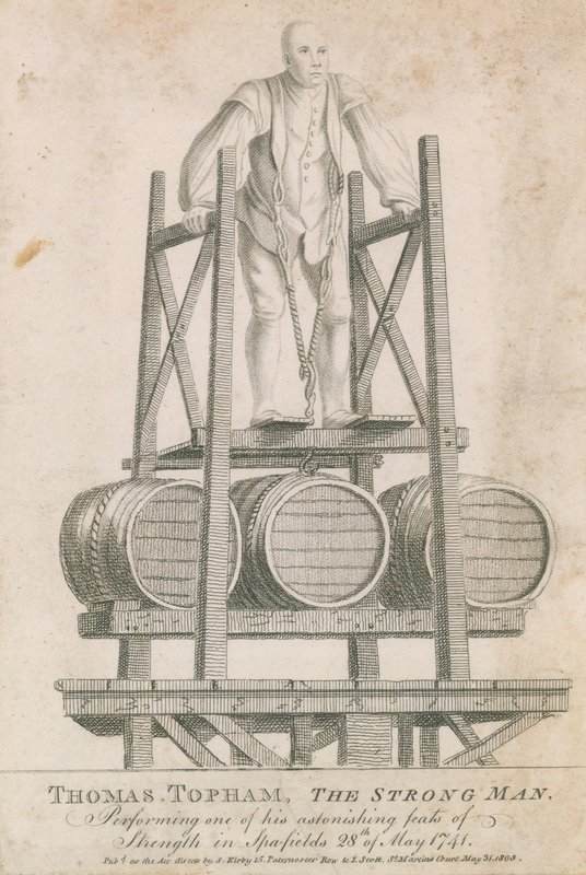 Thomas Topham, de sterke man, voert een van zijn verbazingwekkende krachttoeren uit in Spitalfields, 28 mei 1741 door English School