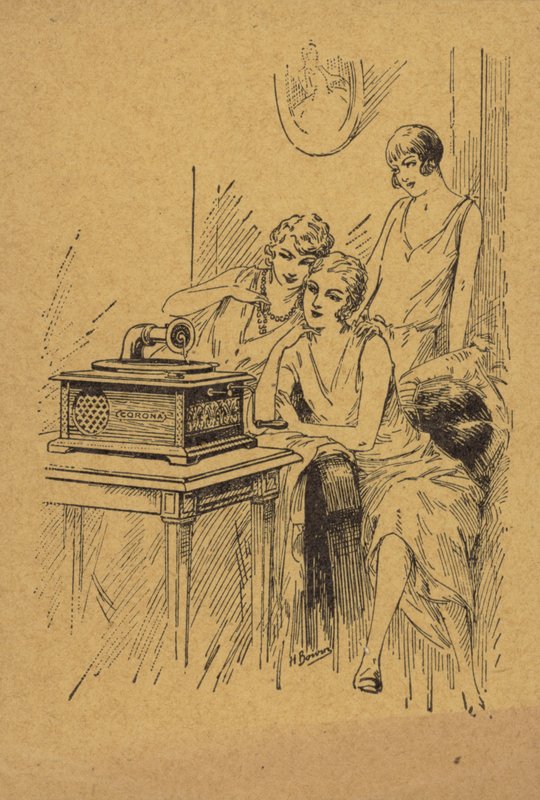 Drie jonge vrouwen luisteren naar een platenspeler (gravure) door English School