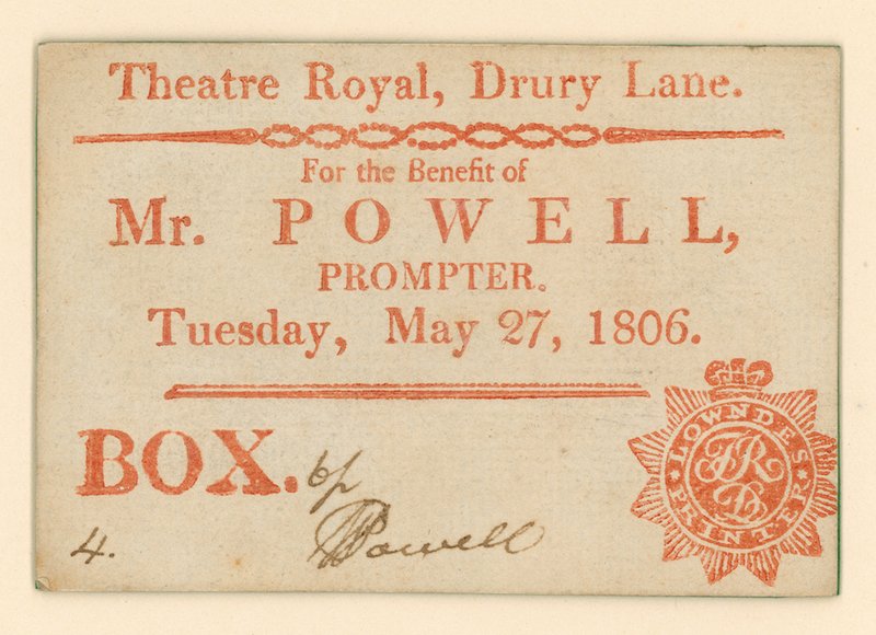 Ticket voor Drury Lane Theatre, Londen: Voor het voordeel van Mr. Powell, souffleur, 27 mei 1806 door English School