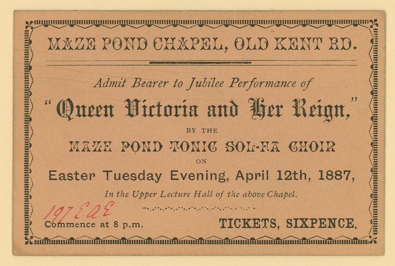 Ticket voor een uitvoering van Queen Victoria and Her Reign door English School