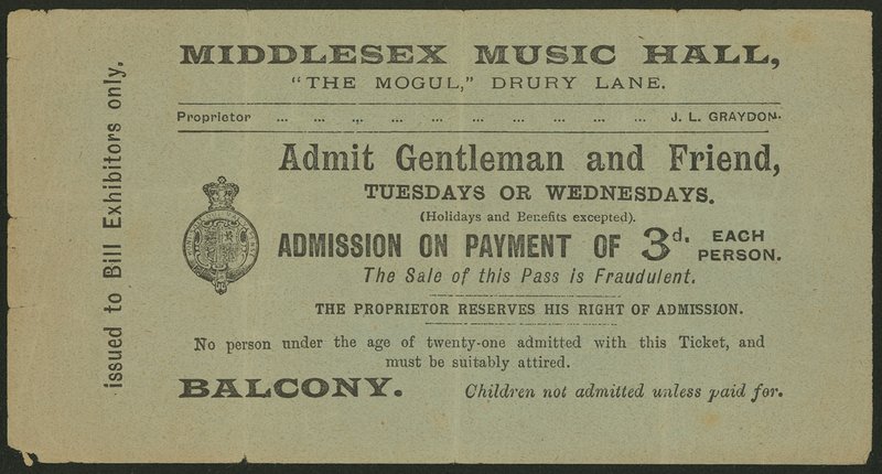 Ticket voor het Middlesex Music Hall, The Mogul, Drury Lane, Londen door English School