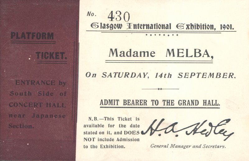 Ticket voor Nellie Melba op de Glasgow International Exhibition, 1901 door English School