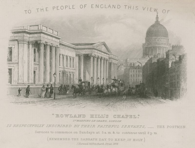 Aan de mensen van Engeland dit uitzicht op Rowland Hills Kapel door English School