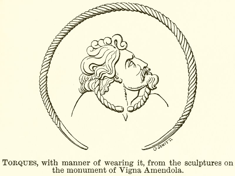 Torques, met de manier van dragen, van de beelden op het monument van Vigna Amendola (gravure) door English School