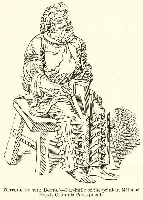 Marteling van de Laarzen.--Facsimile van de prent in Millaeus Praxis Criminis Persequendi door English School