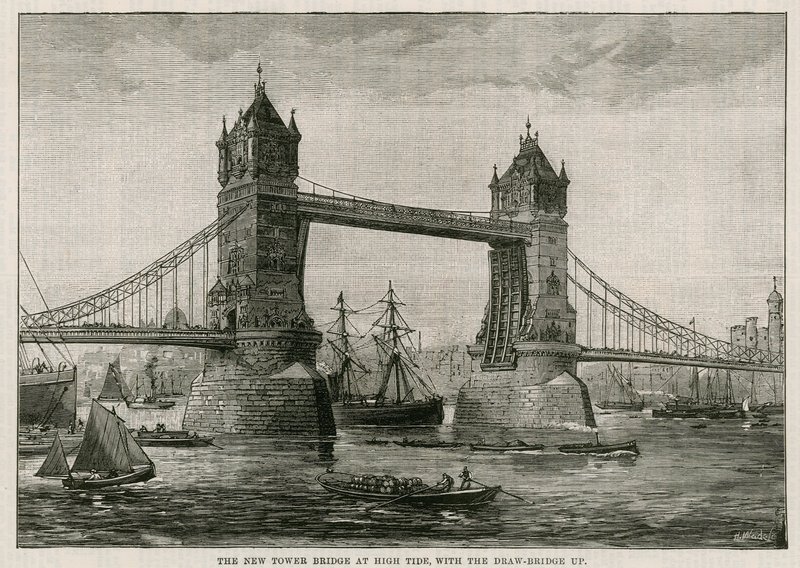Tower Bridge bij Hoogwater, met de ophaalbrug omhoog door English School