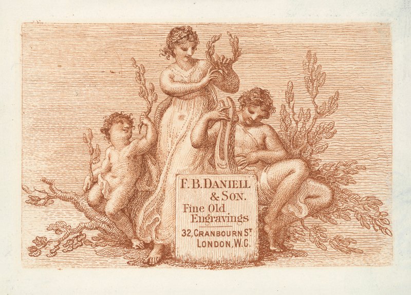 Handelskaart voor F B Daniell & Son, fijne oude gravures, Londen (gravure) door English School