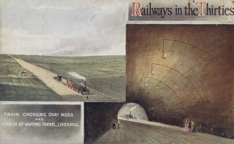 Trein die Chat Moss oversteekt en Interieur van Wapping Tunnel, Liverpool door English School